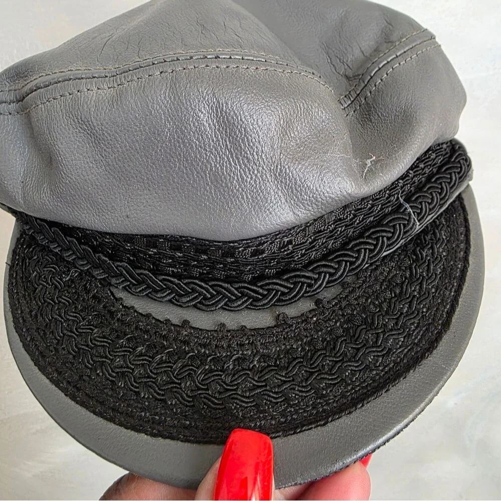 Vtg Gray Leather Fiddler Greek Fisherman Sailor Newsboy Driver Cap M - Picture 11 of 14